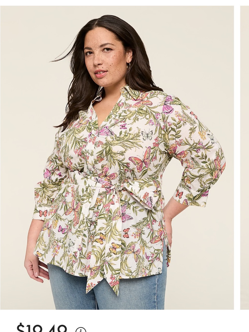 Lane Bryant White Floral & Butterfly Tie-Waist Button Down Shirt